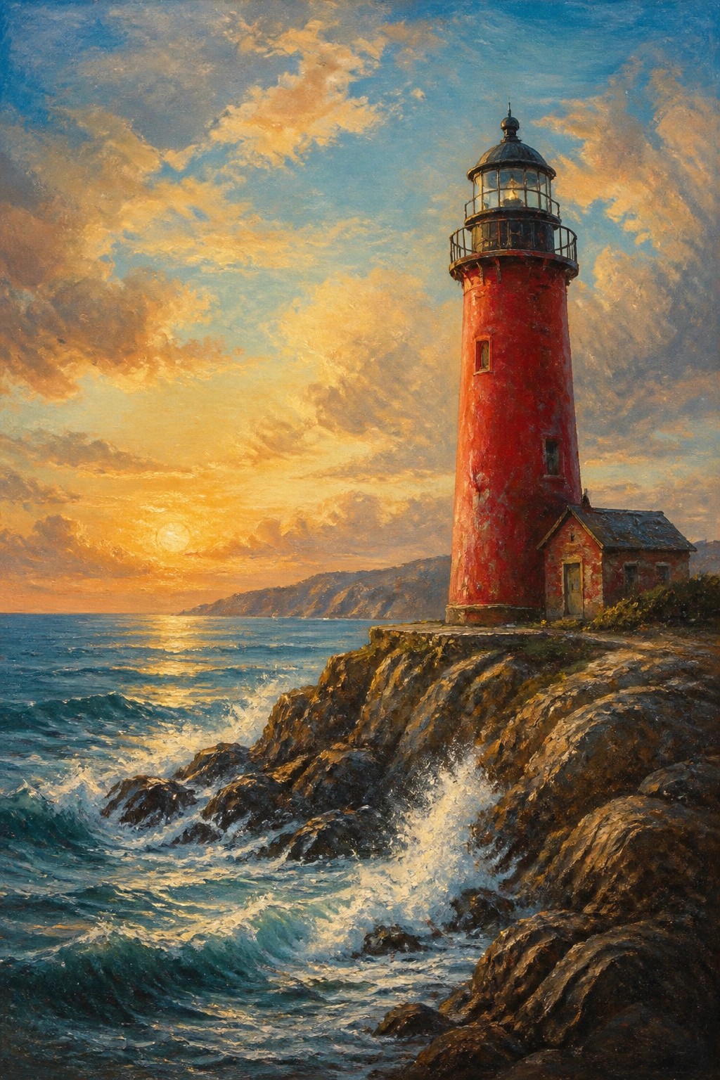 An oil painting of a red lighthouse standing on rocky cliffs with waves crashing at the base and a bright sunset over the ocean.