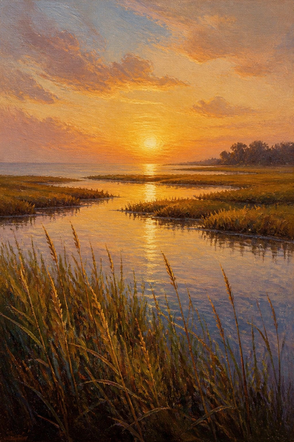 An oil painting of a sunset over a coastal marsh with golden light reflecting on the water and tall grasses in the foreground.
