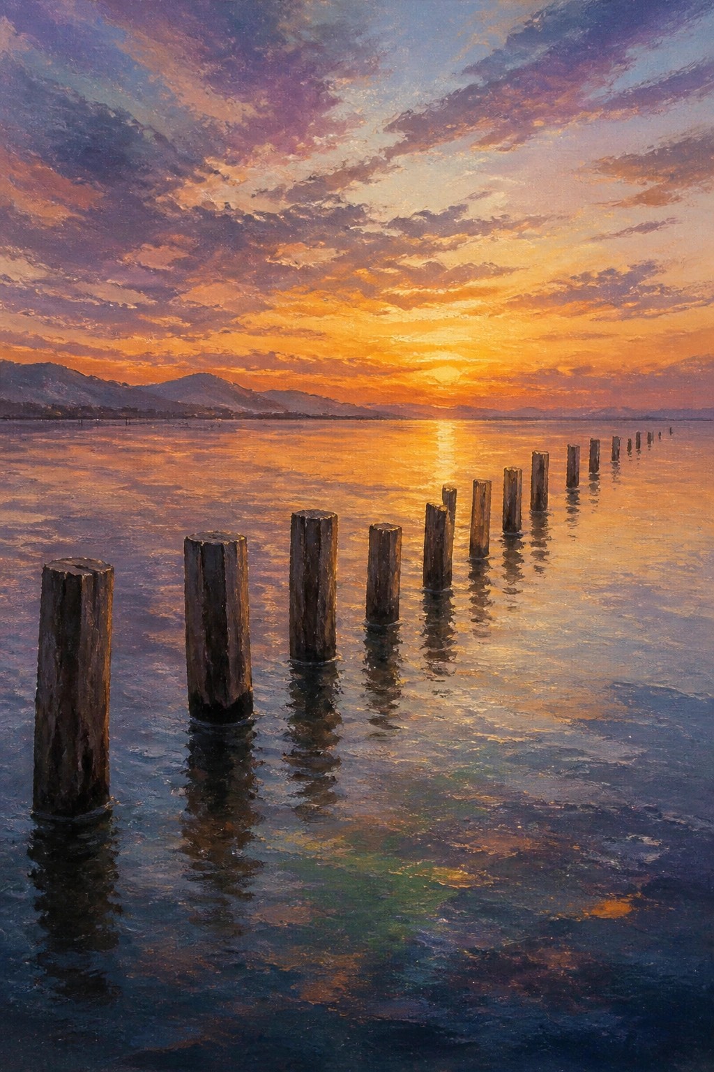 Row of wooden posts in calm water under vibrant sunset sky with mountains