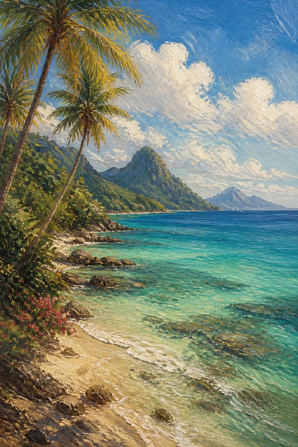 Tropical beach scene with swaying palms, turquoise waters, and lush green mountains.