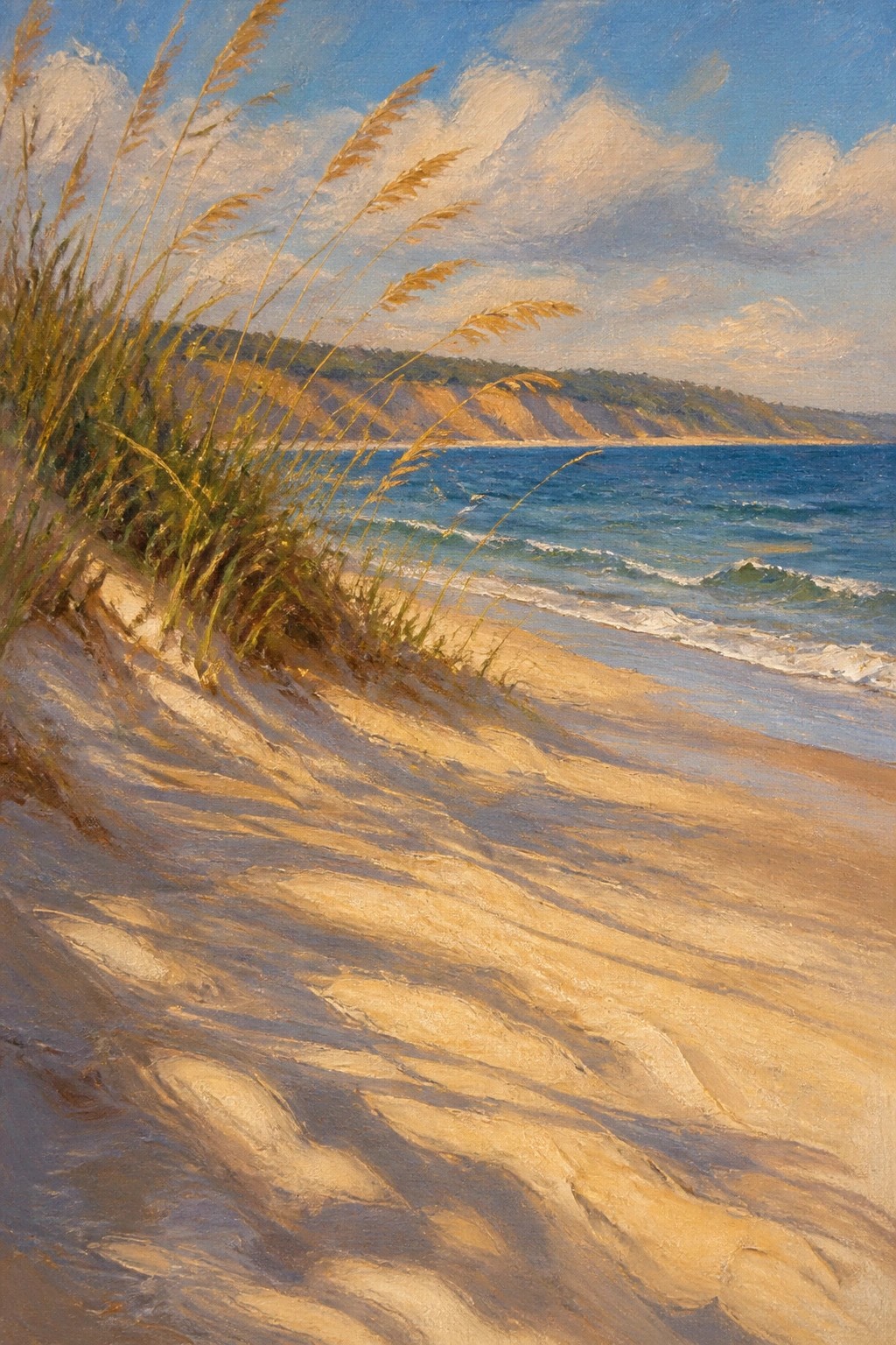 Windblown grasses on sunlit dunes overlook blue ocean waves and distant cliffs