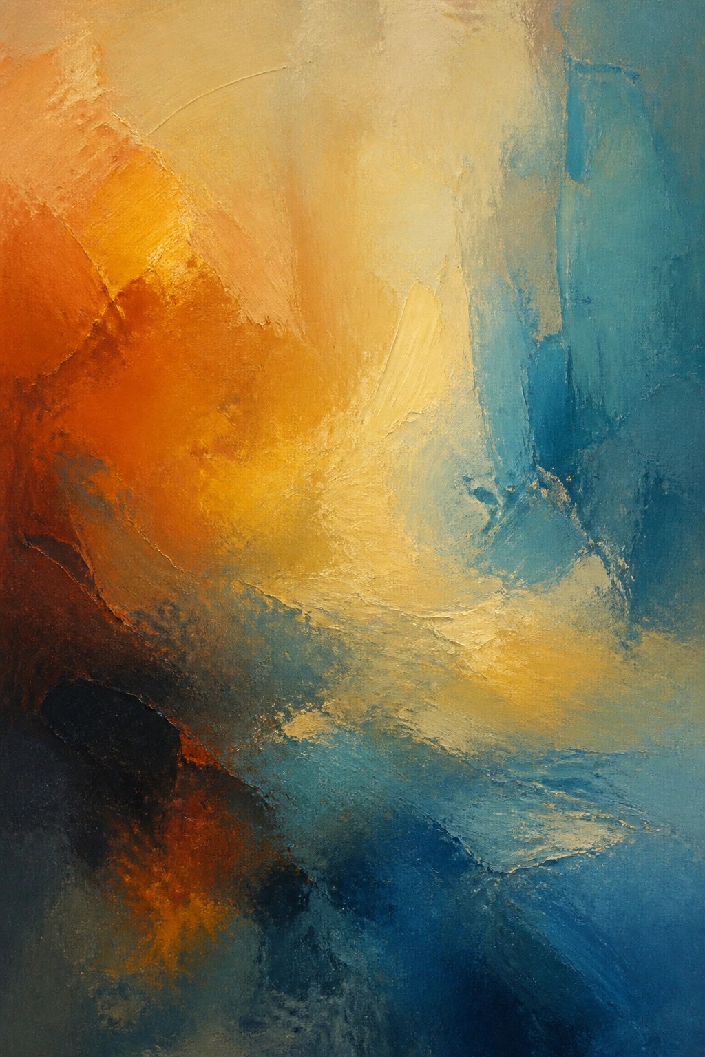 Abstract painting with swirling orange, yellow, blue, and teal brushstrokes