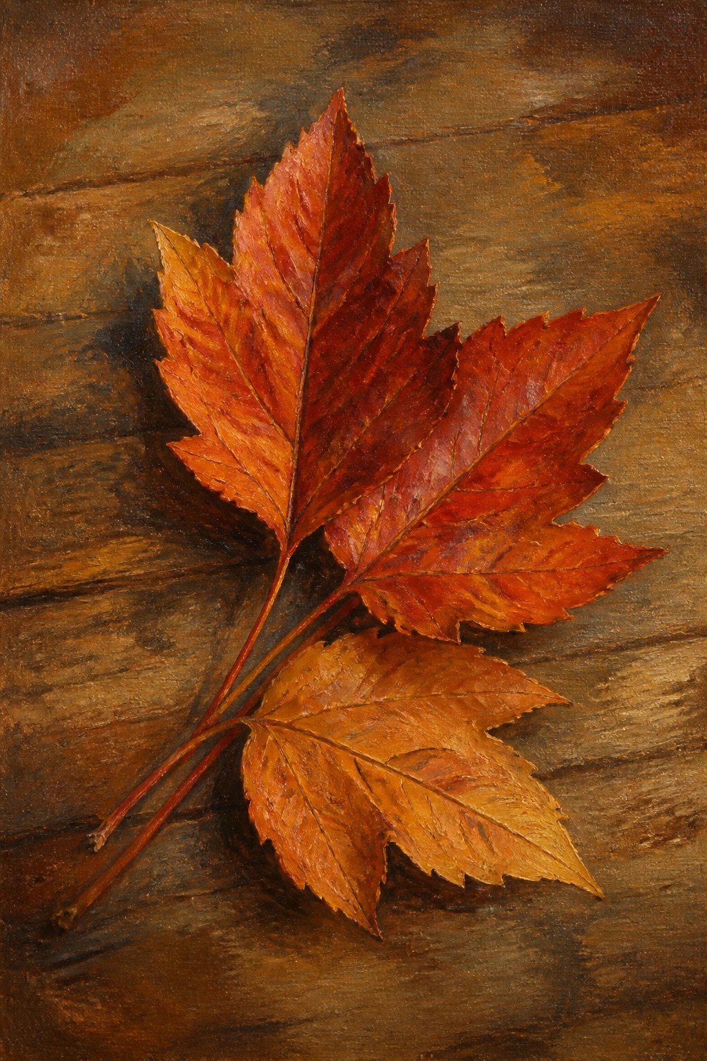 Vibrant red-orange maple leaf on dark wooden surface with visible brushstrokes.