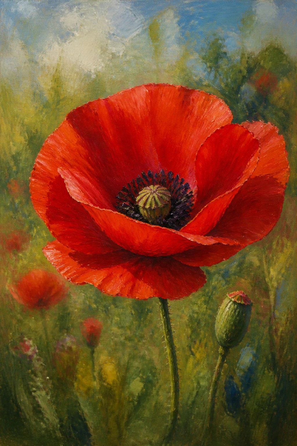 An oil painting of a large red poppy with layered petals and a dark center on a green stem next to a closed bud, set against a blurred green field.
