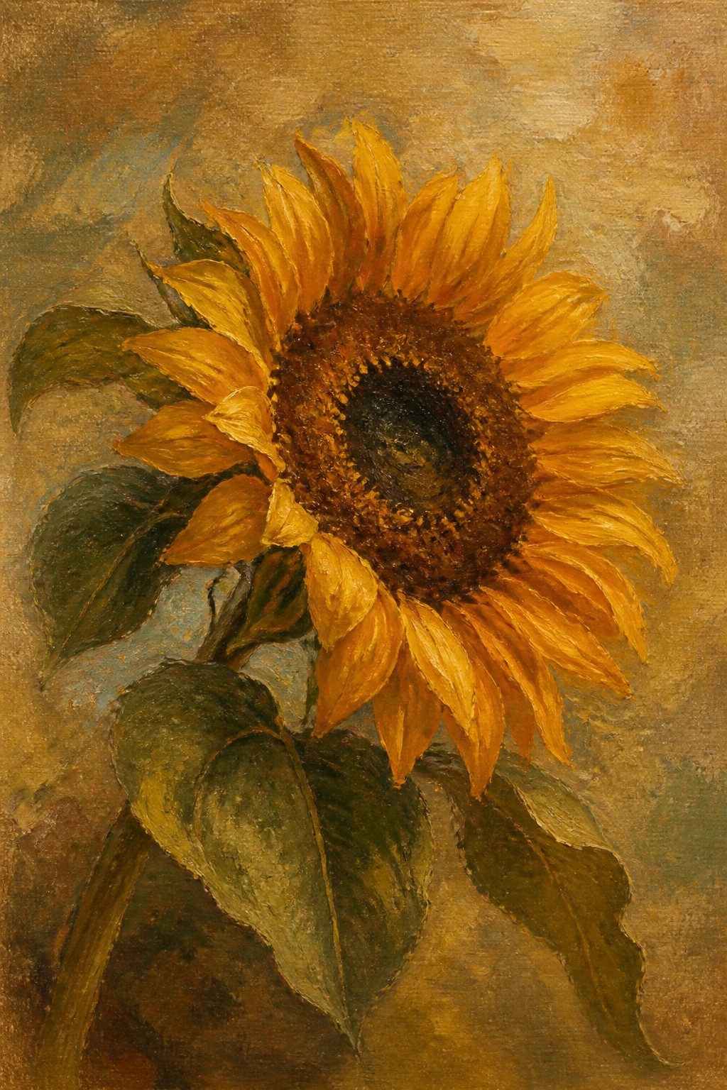 Sunflower with golden-yellow petals, dark center, and green leaves on earthy background