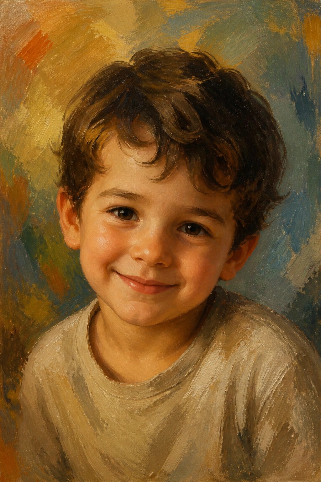Smiling boy with curly brown hair in beige shirt against colorful abstract background.