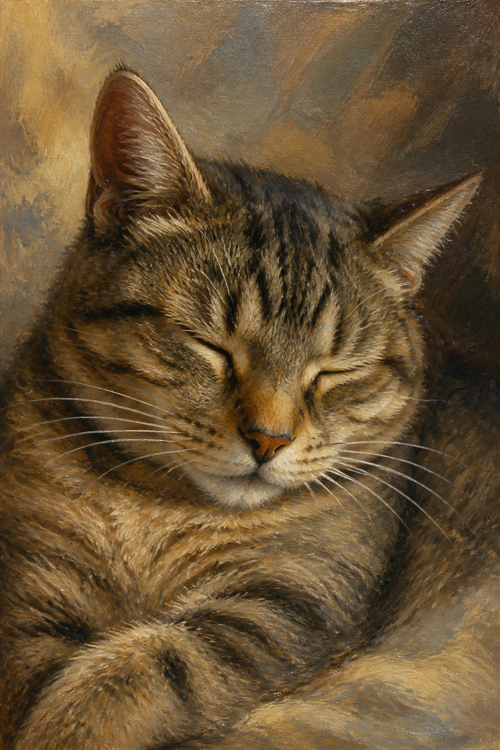Sleeping tabby cat with closed eyes and striped fur in warm tones