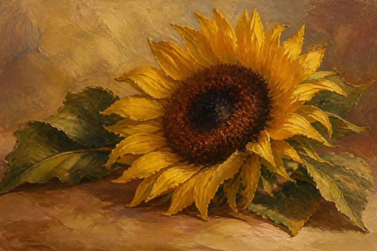 Sunflower with golden-yellow petals, dark center, and green leaves on earthy background