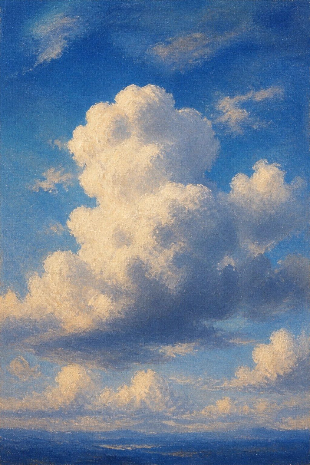 Towering white cumulus clouds against deep blue sky over calm ocean waters