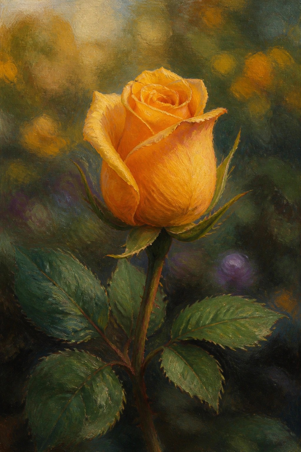 Blooming yellow rose with thorny stem and green leaves in blurred background