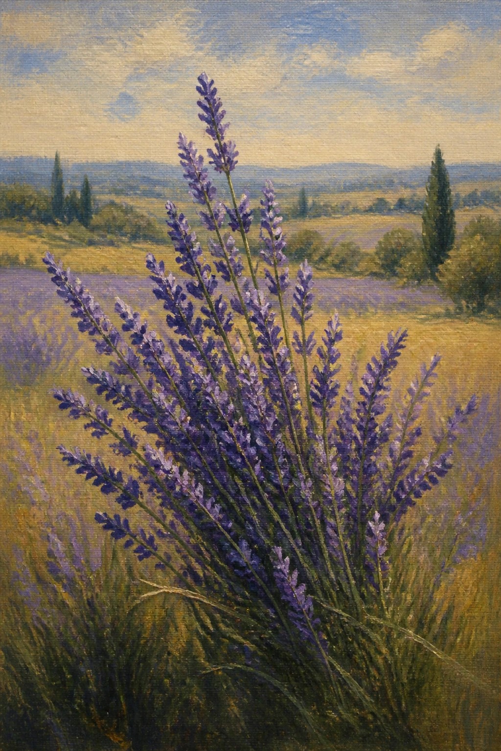 Purple lavender blooms in a sunlit field with rolling hills and trees.