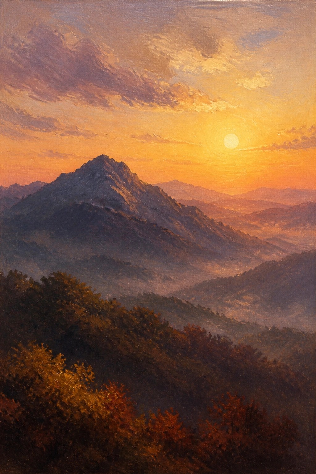Sunset over misty mountains with rocky central peak, orange clouds, and autumn trees.