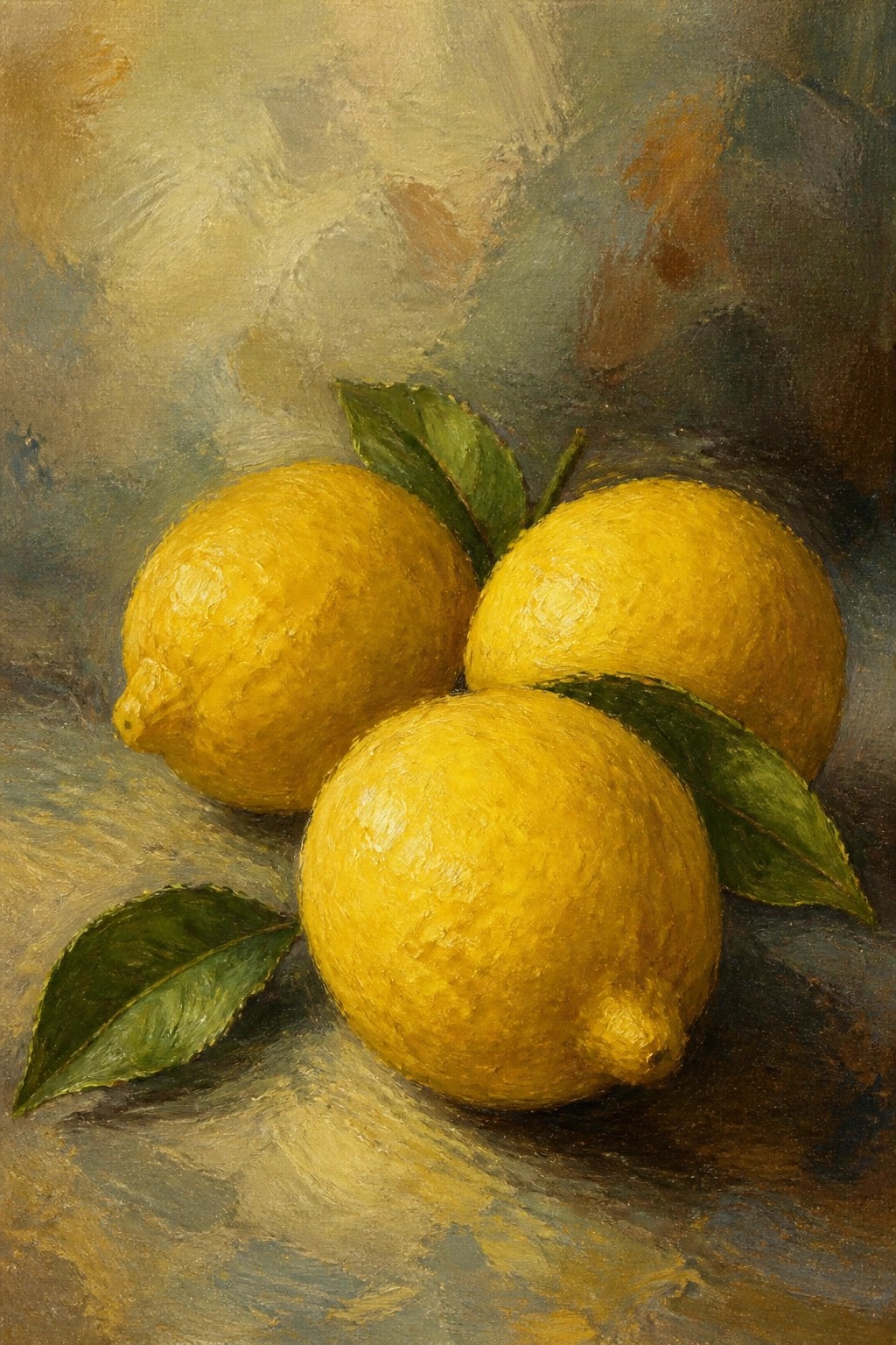 Three yellow lemons with green leaves on a textured painterly surface.