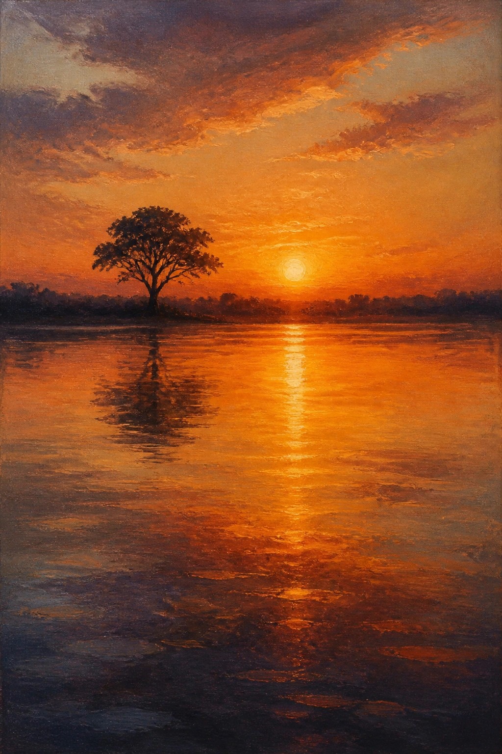 Lone tree silhouetted against vibrant orange sunset, reflection shimmering on calm waters.
