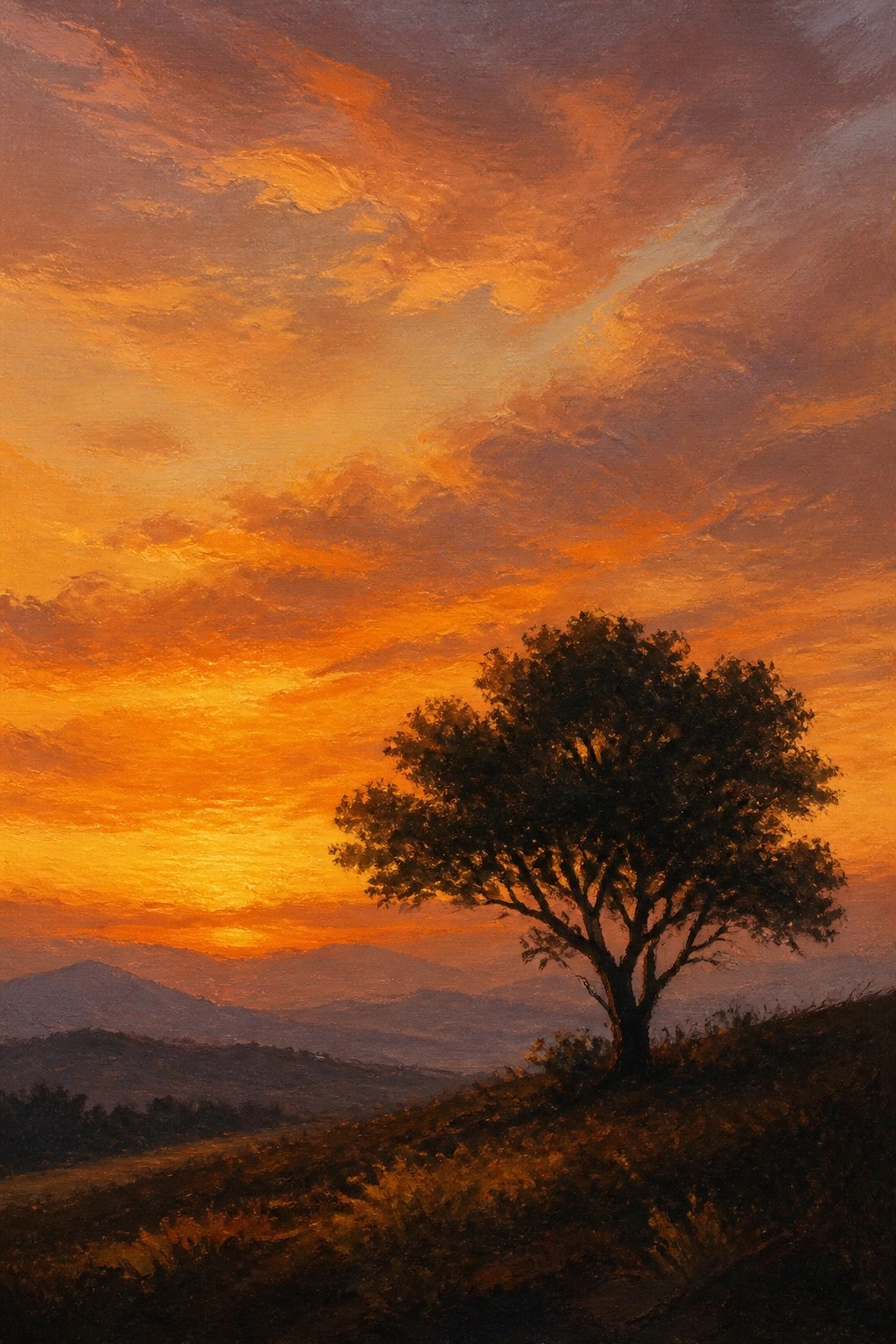 Solitary tree on hillside beneath fiery orange sunset sky with distant mountains.