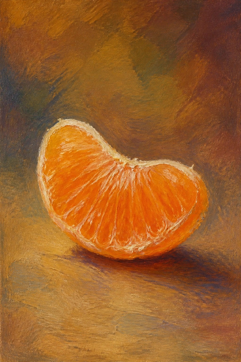 Orange wedge with juicy segments on textured brown surface with shadow.