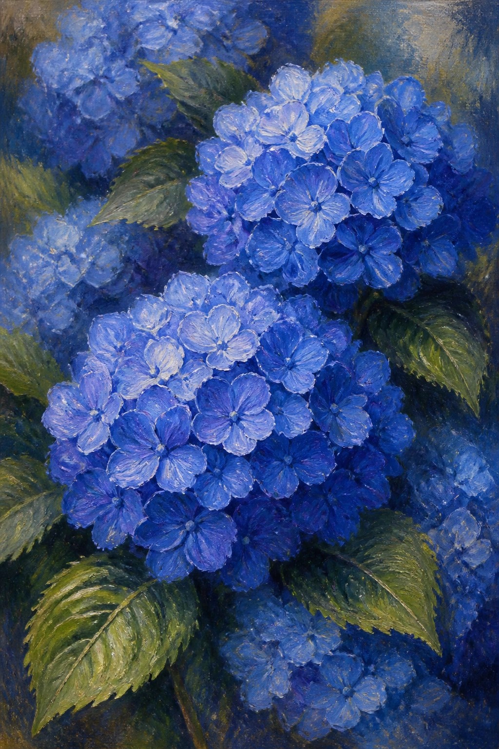 Vibrant blue hydrangea blooms with green leaves in textured oil painting.