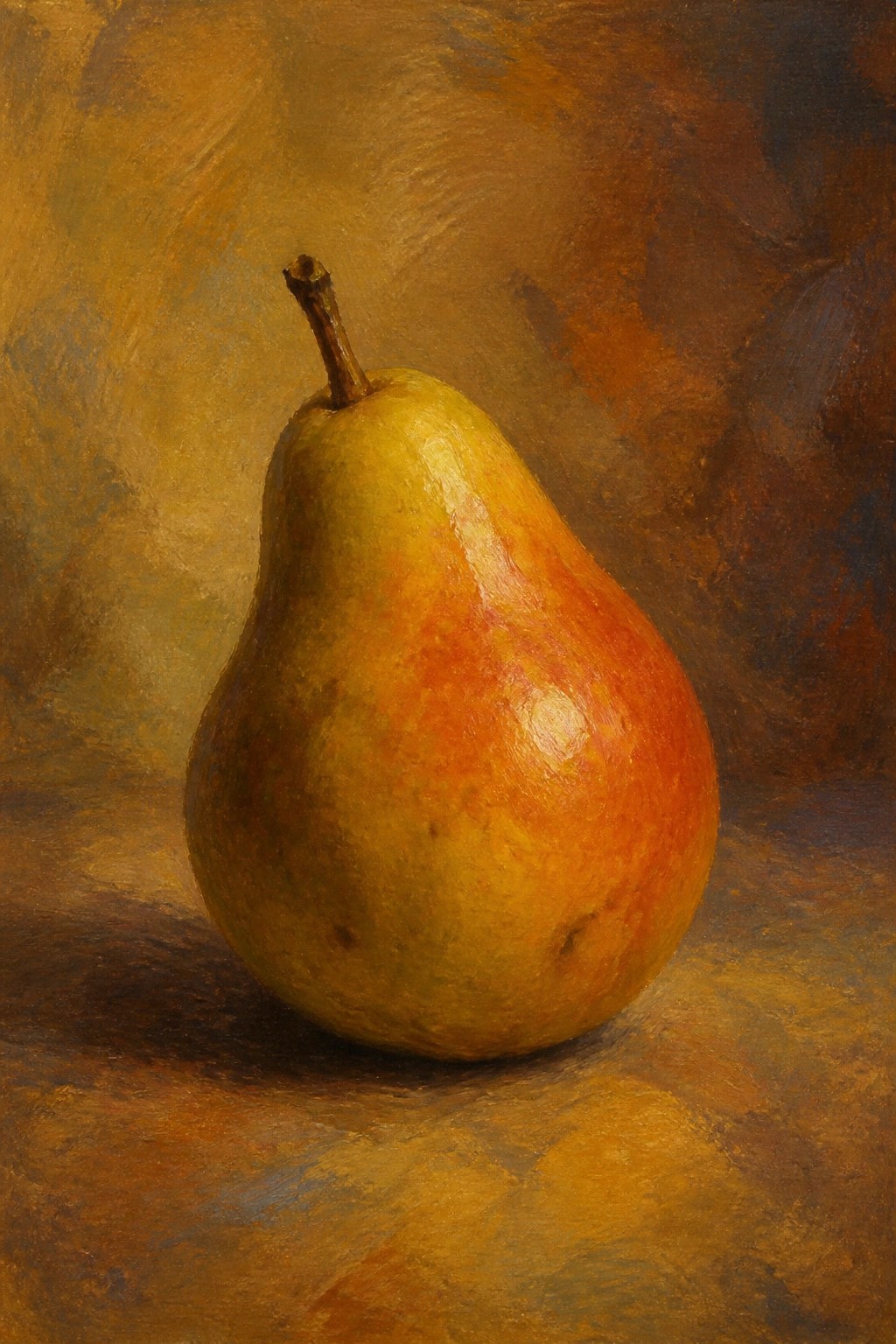 A realistic oil painting of a single pear with yellow and red tones resting on a brown surface against a mottled brown background.