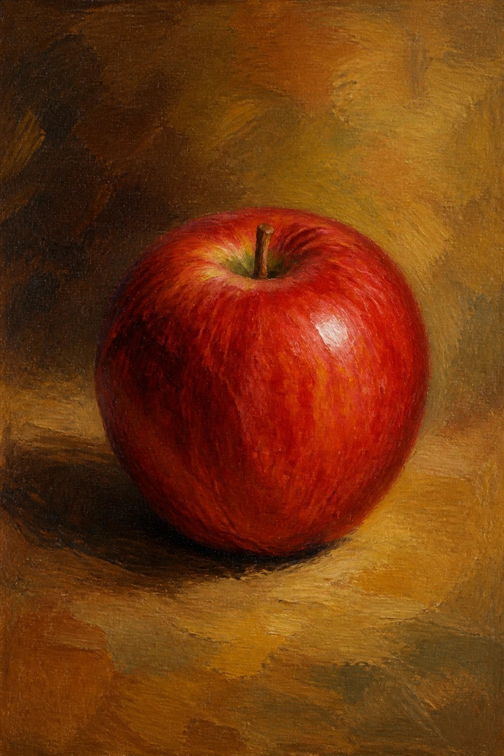 An oil painting of a shiny red apple with a stem sitting on a brown surface against a dark textured background.