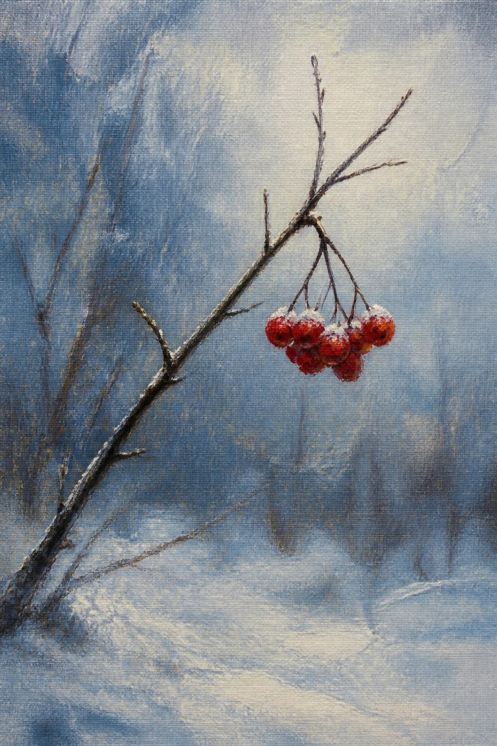 An oil painting of red berries covered in snow on a bare branch against a soft blue and white snowy background.