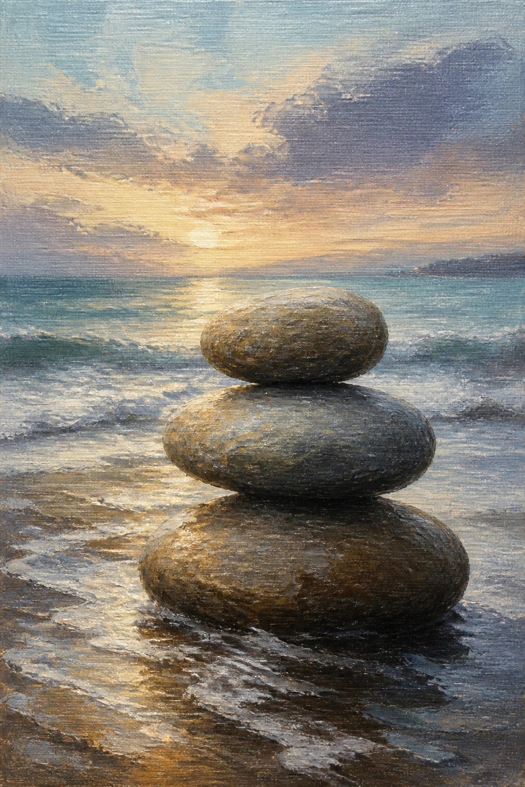 Three stacked stones on wet sand by ocean waves at sunset