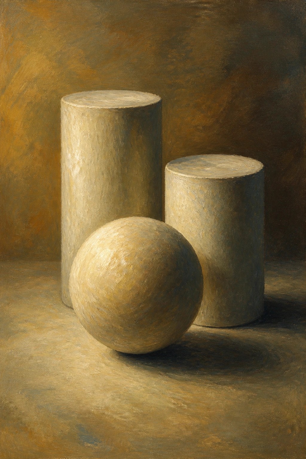 Still life of beige sphere and two cylinders on brown textured surface.