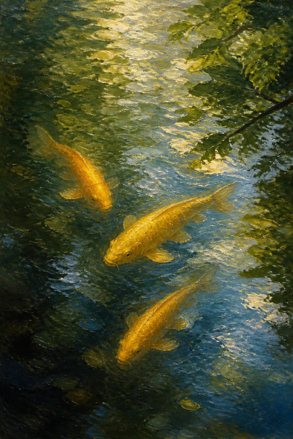 Three golden koi fish swimming in sunlit green pond water with leaves