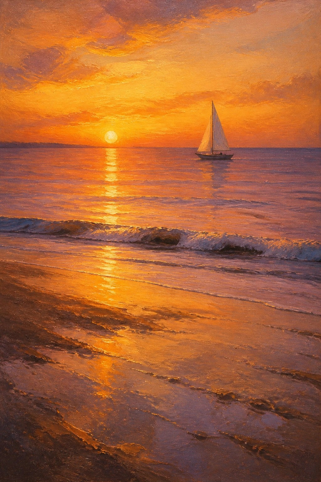 Oil painting of sailboat at orange sunset with waves on reflective beach