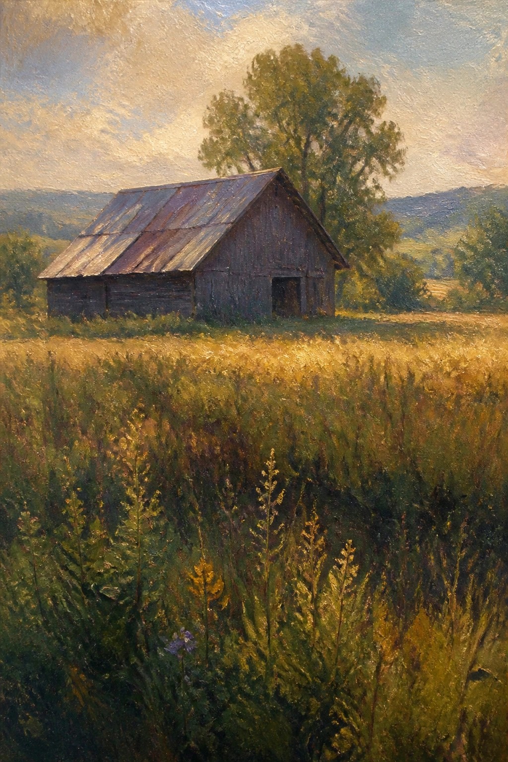Weathered wooden barn with rusted roof in sunlit meadow with wildflowers and trees.