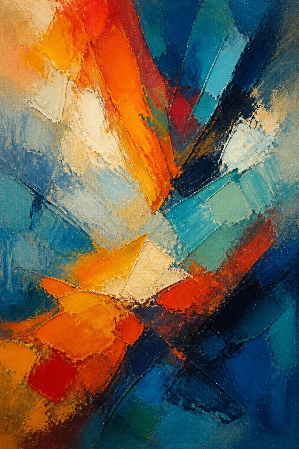 Abstract painting with vibrant orange, red, blue, and white textured brushstrokes in dynamic composition.