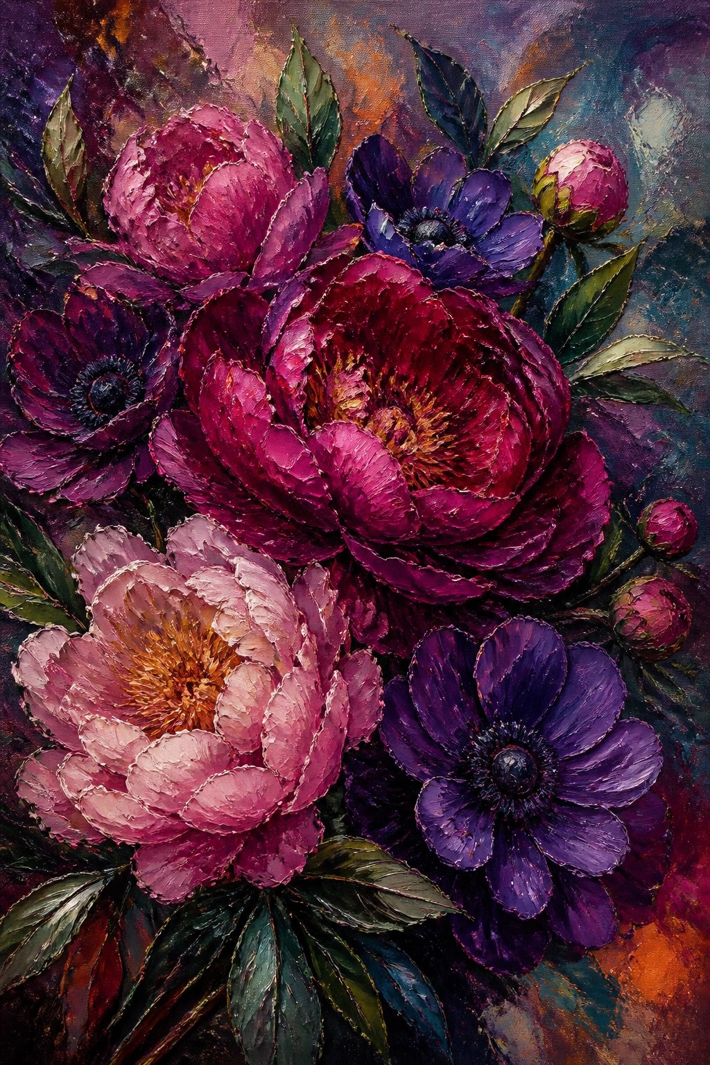 Vibrant oil painting of magenta peonies, purple anemones, and green leaves on dark background.