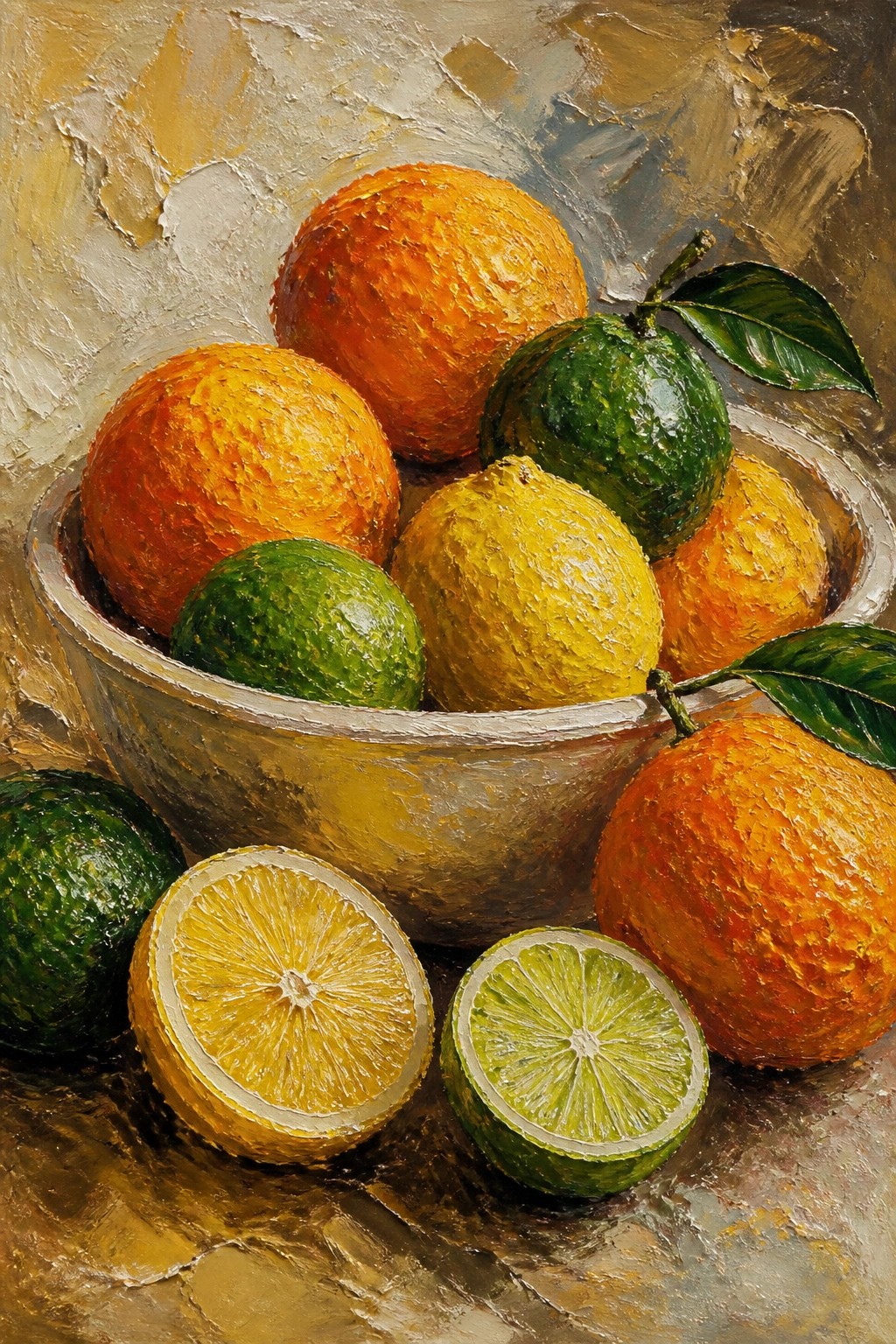 An oil painting of whole and sliced oranges, lemons, and limes arranged in and around a metal bowl with thick visible brushstrokes.