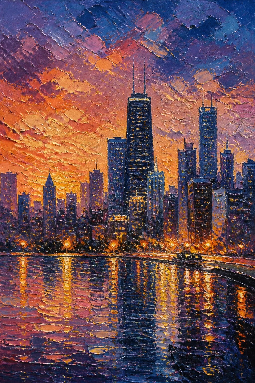 Vibrant impasto painting of Chicago skyline with glowing reflections on water at sunset