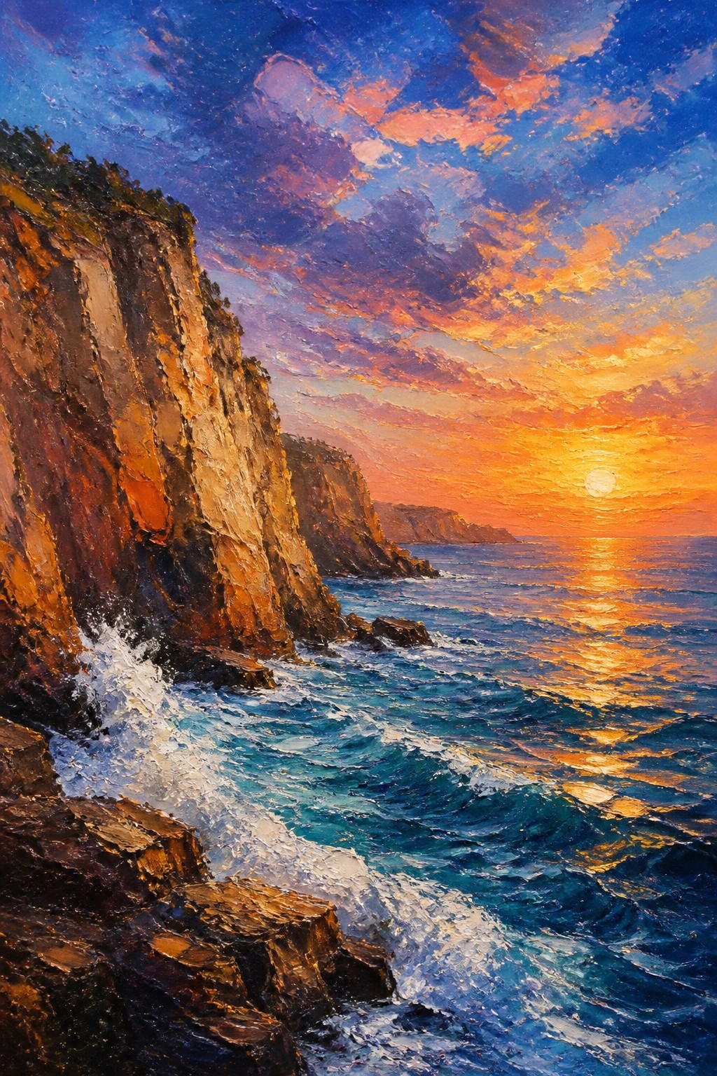 An impasto oil painting of a sunset over the ocean with steep cliffs on the left, waves crashing on rocks, and a colorful sky with the sun low on the horizon.