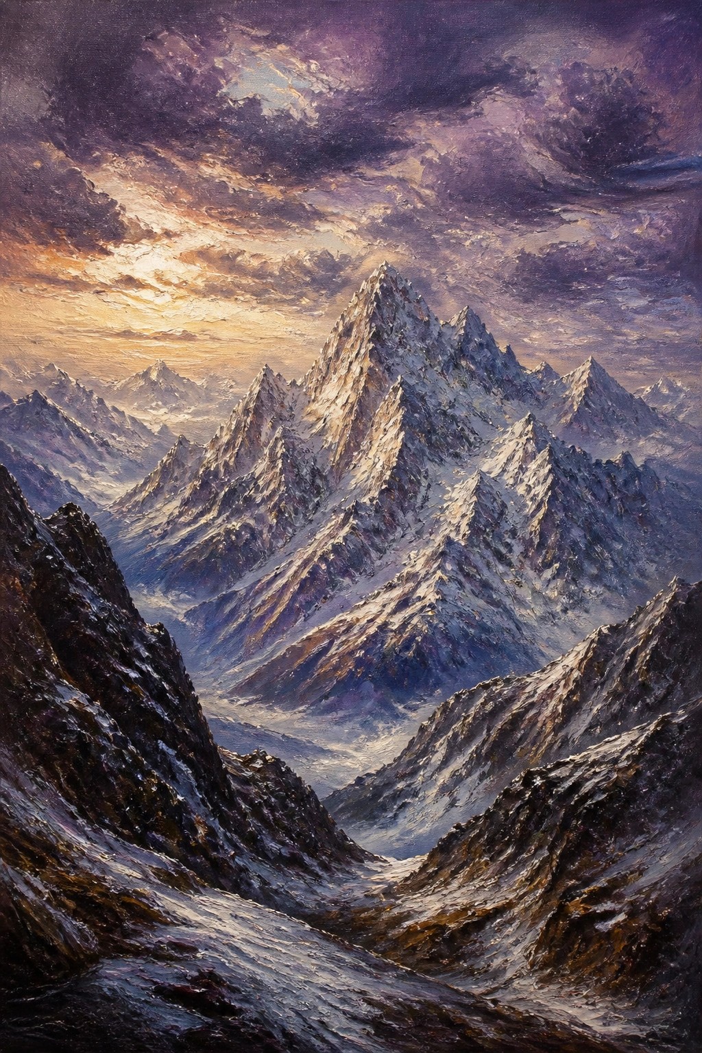 An oil painting of snow-covered mountain peaks under a dramatic purple and orange sky with visible thick brushstrokes.