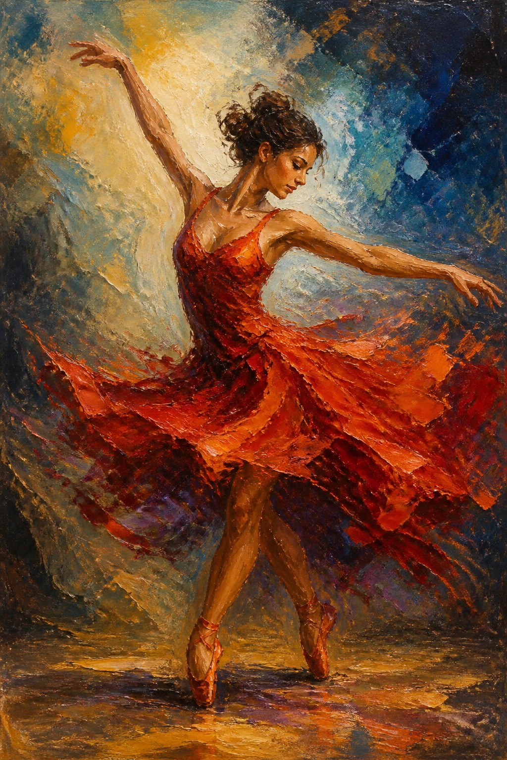 Ballerina in flowing red dress dancing on pointe with arms outstretched in expressive style.