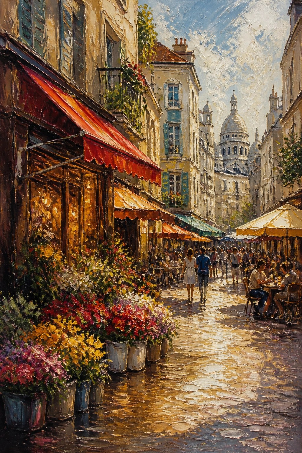 Vibrant oil painting of Paris street with colorful awnings, flowers, cafes, and Sacré-Cœur.
