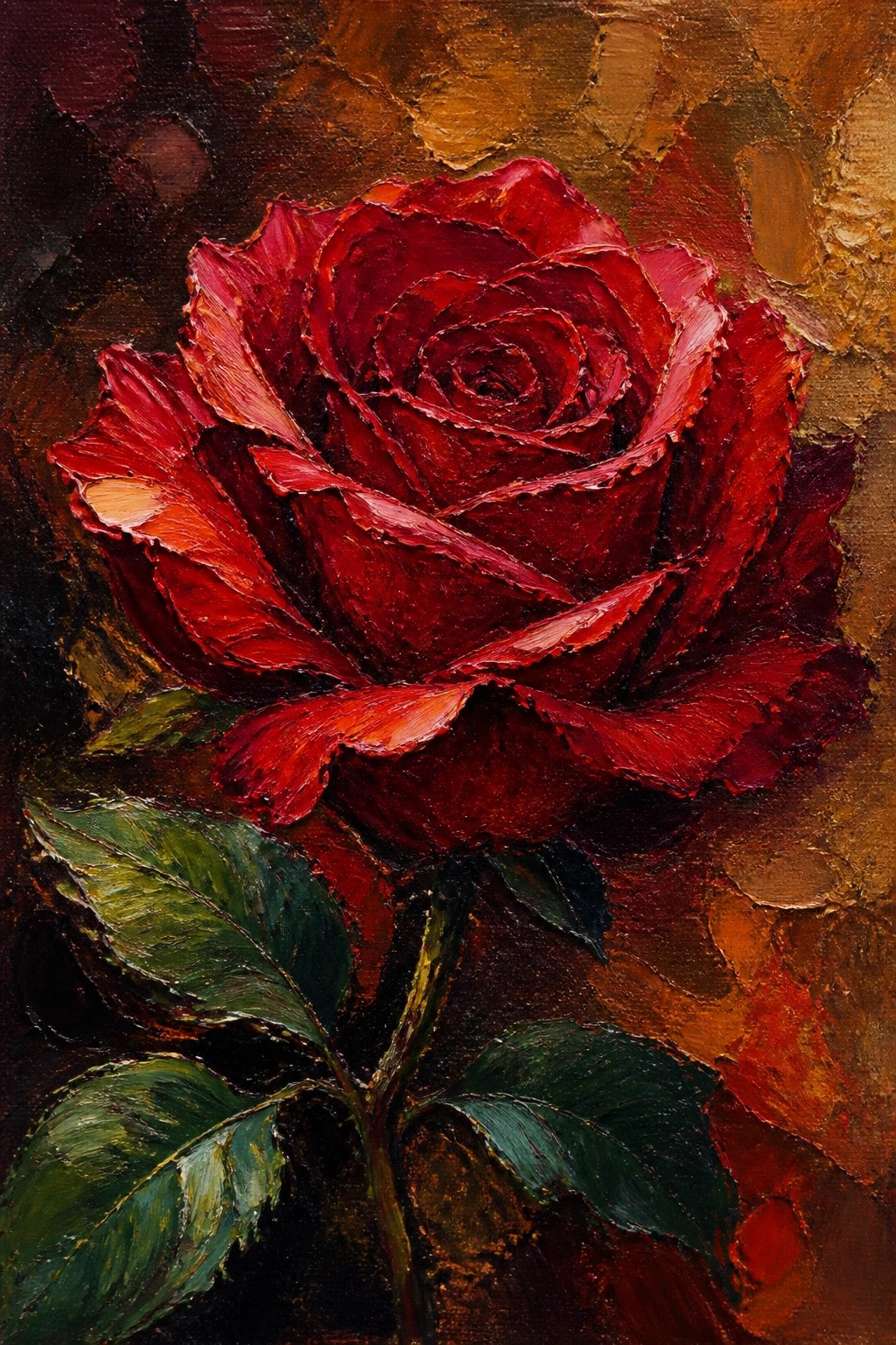 Thickly textured red rose with layered petals and green leaves in oil painting
