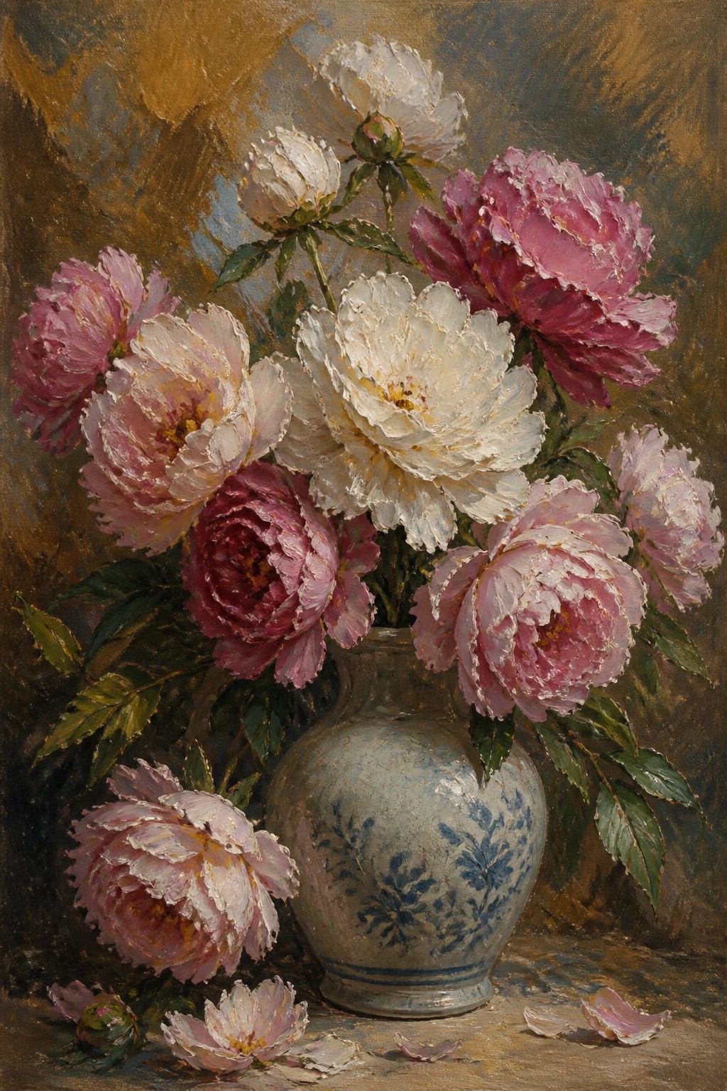 An oil painting of pink and white peonies in a blue-patterned ceramic vase with loose petals scattered on the table surface.