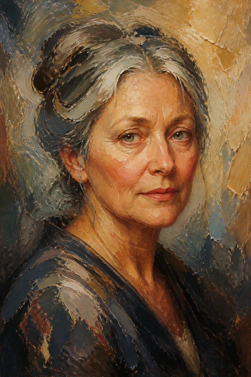 Elderly woman with gray hair in blue garment, thick oil brushstrokes portrait