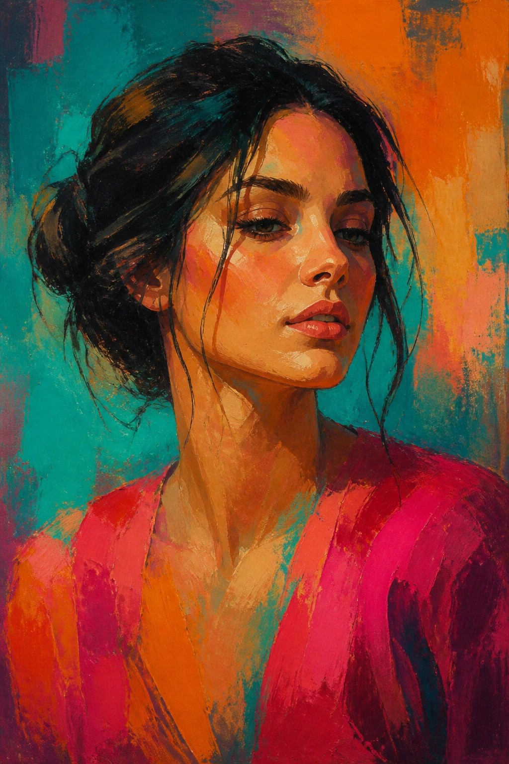 Vibrant oil portrait of a woman with dark hair in a pink top against colorful abstract background