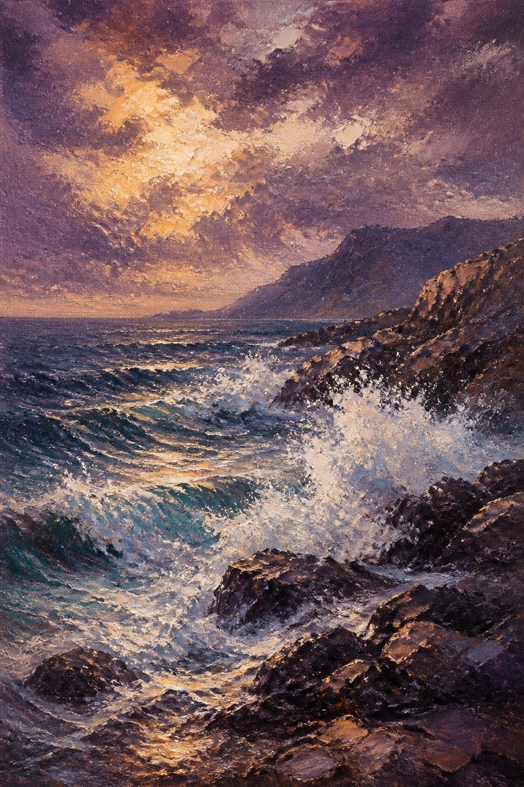 Turbulent waves crashing on dark rocks under a dramatic purple-orange sunset sky