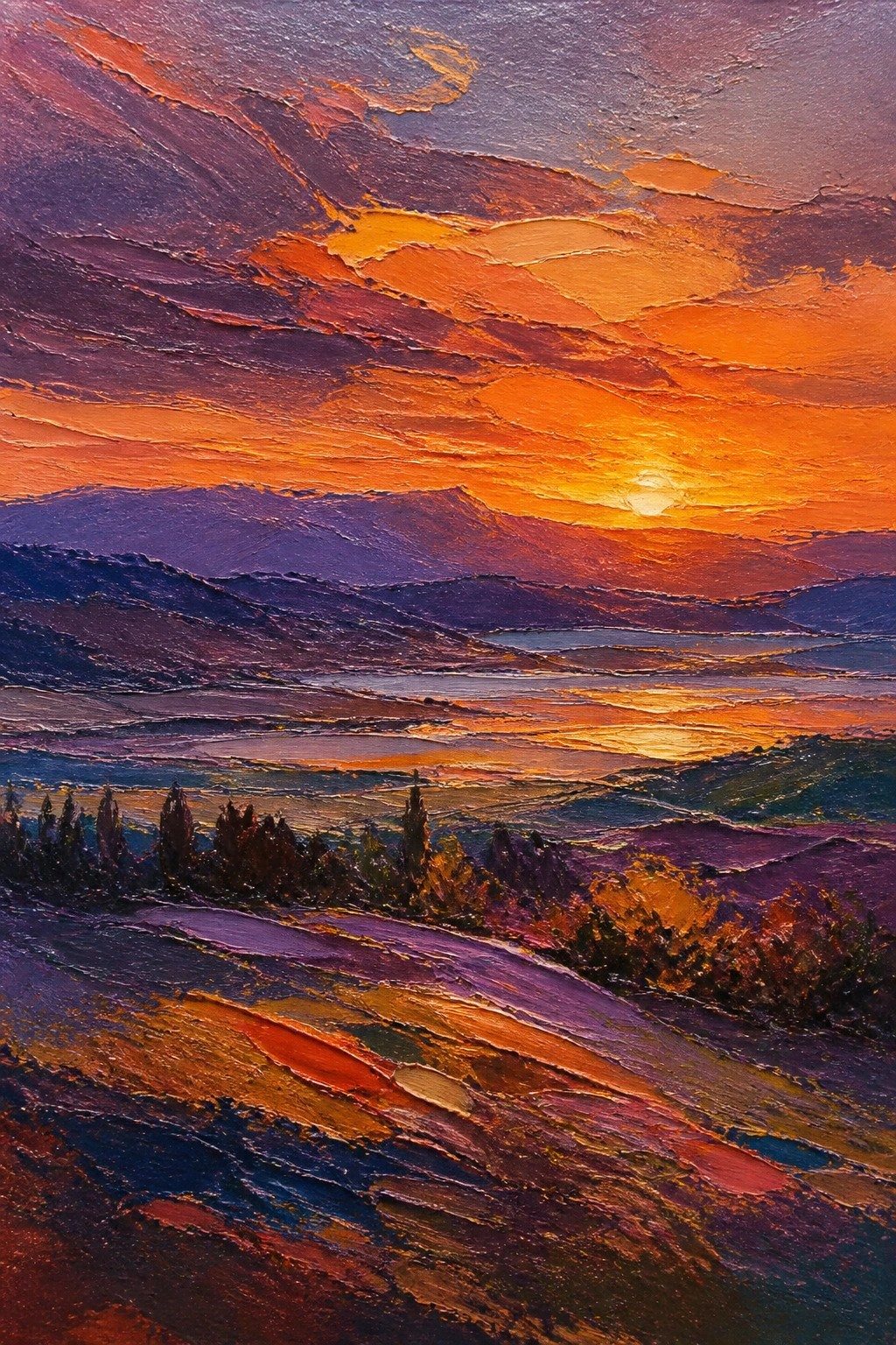Vibrant impasto painting of orange sunset over purple mountains and winding path