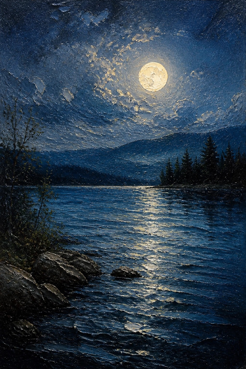 Full moon glows over rippling lake with mountains, pines, and rocky shore