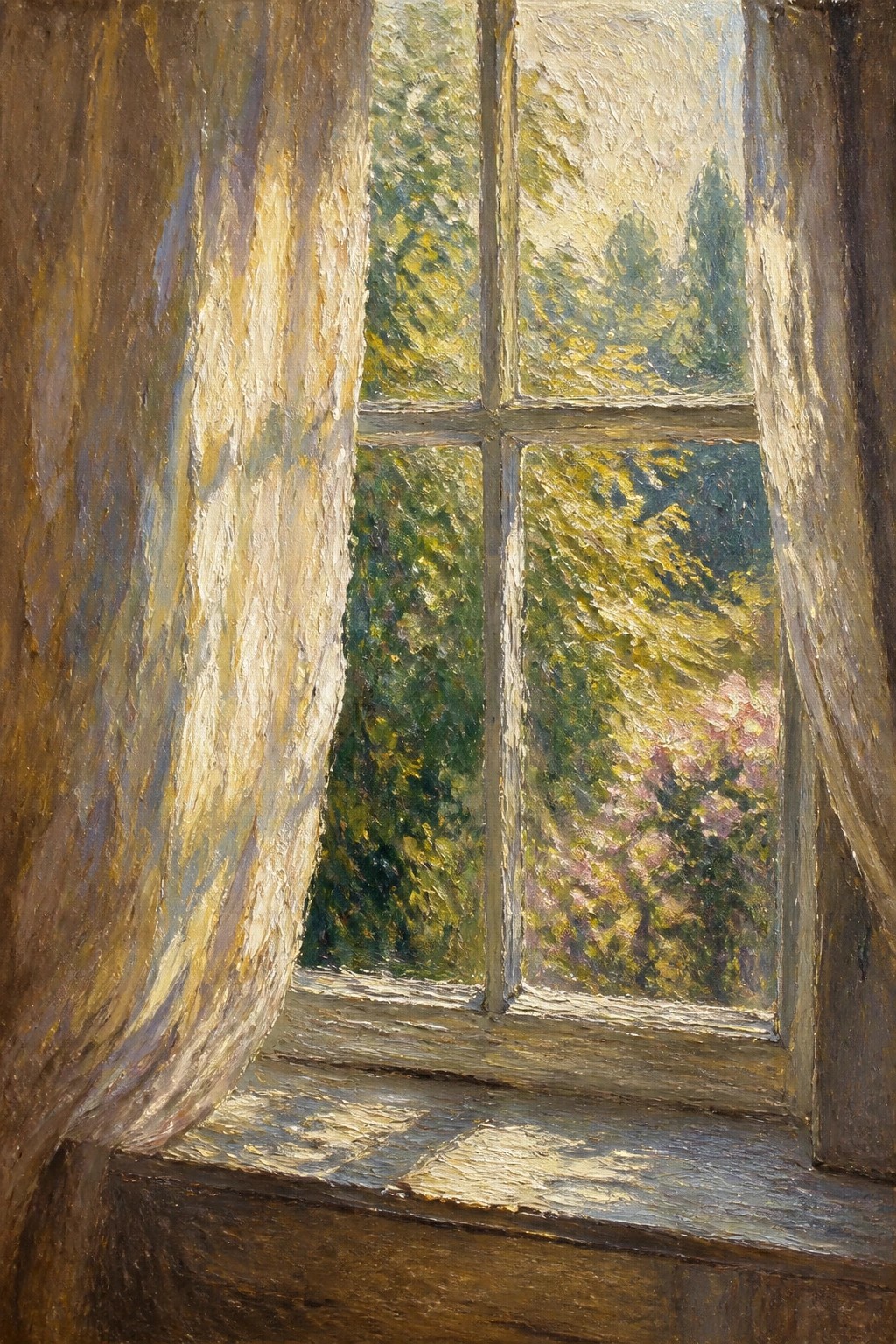 Sunlit window with flowing curtains framing lush green trees and pink blossoms
