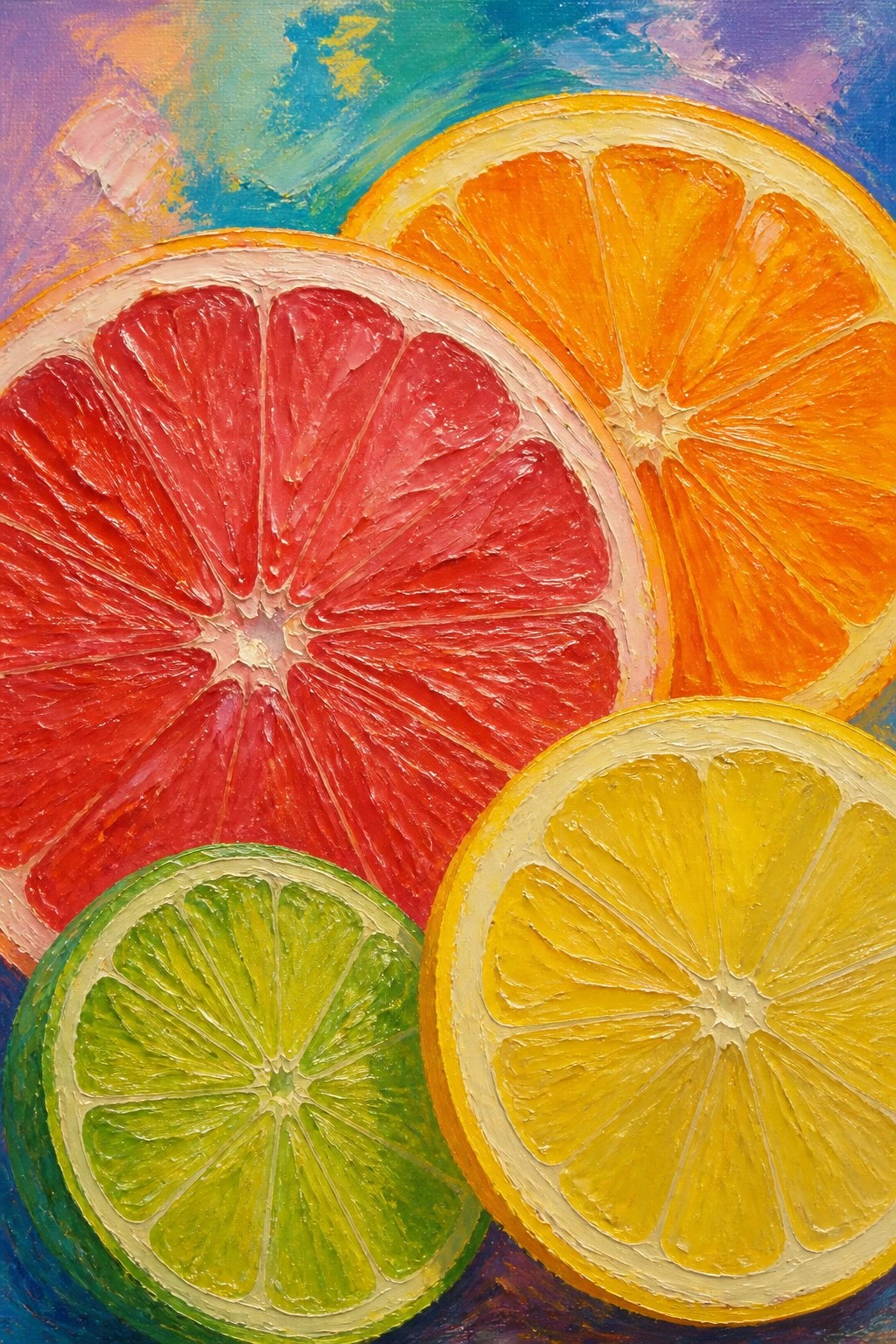 Thickly painted slices of grapefruit, orange, lemon, and lime on a colorful background.