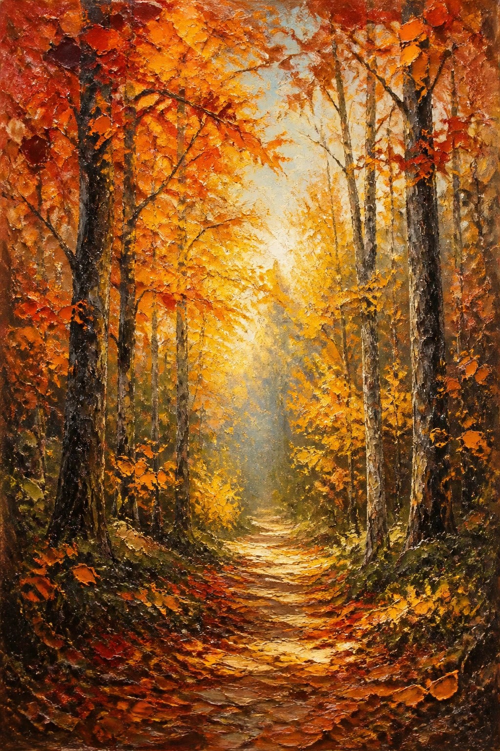 An oil painting of a sunlit dirt path through tall trees with thick orange and red autumn leaves and visible impasto texture.