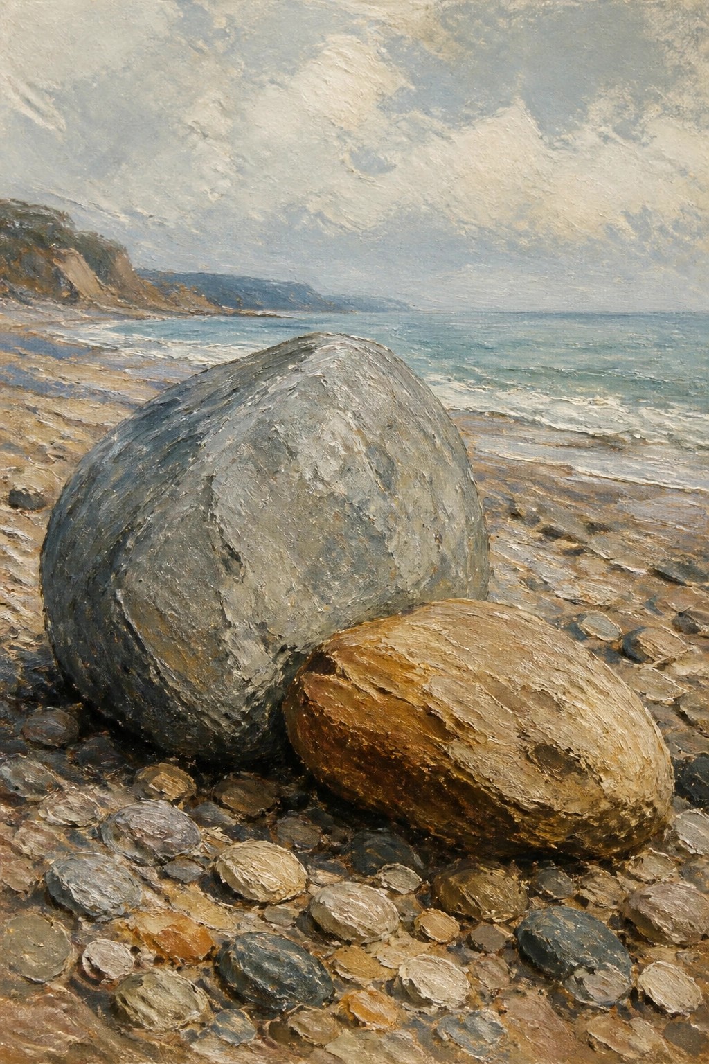 Large gray and brown boulders on pebble beach by ocean with distant cliffs