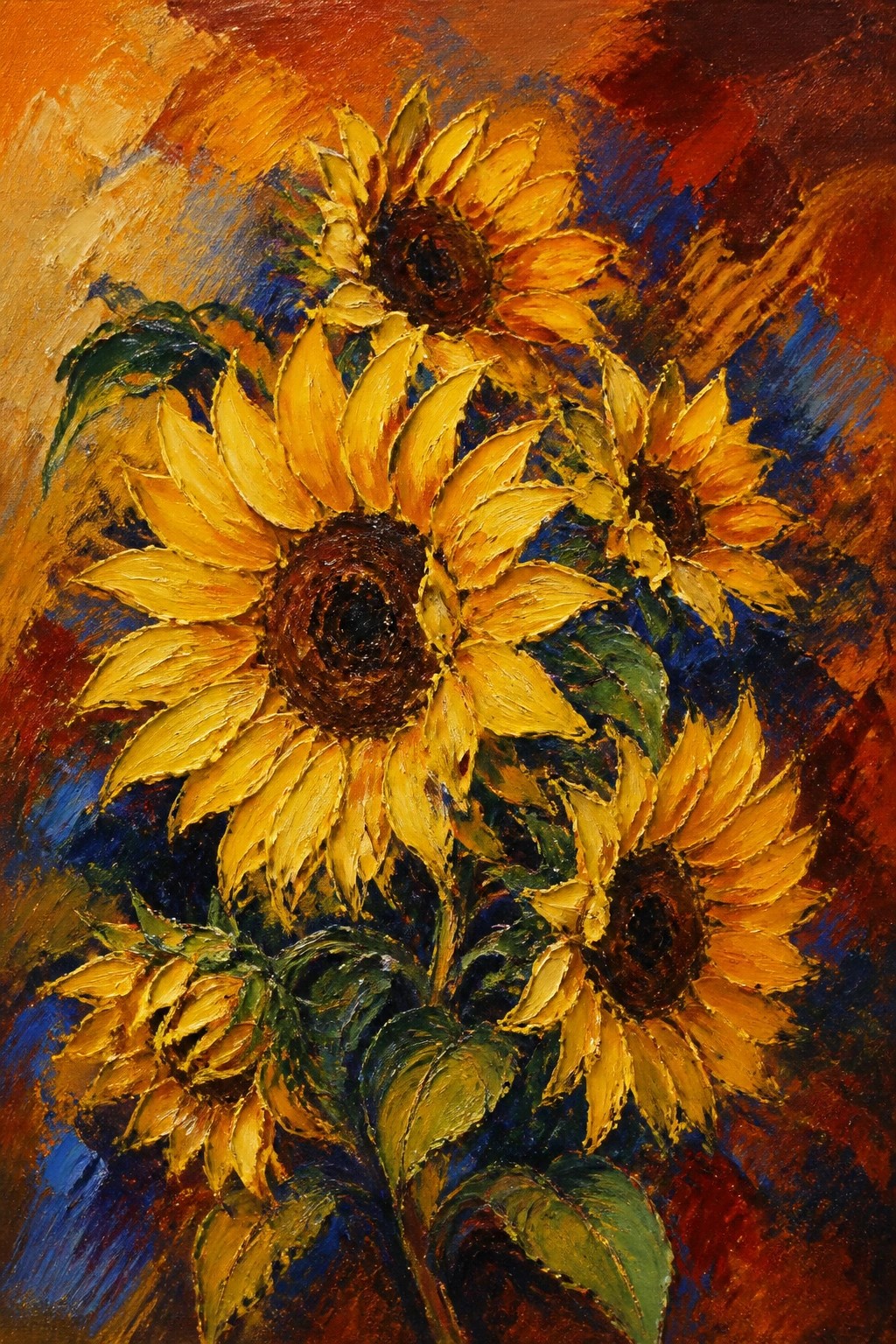 Expressive oil painting of vibrant yellow sunflowers with dark centers and green leaves