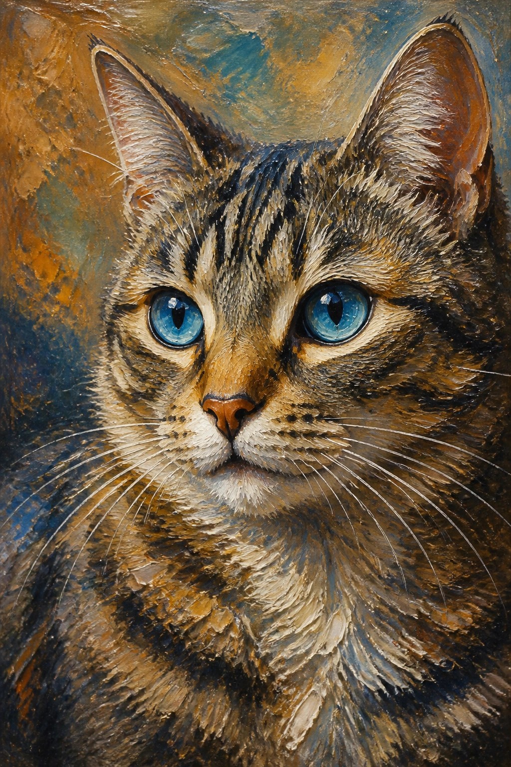 Close-up oil painting of tabby cat with striking blue eyes